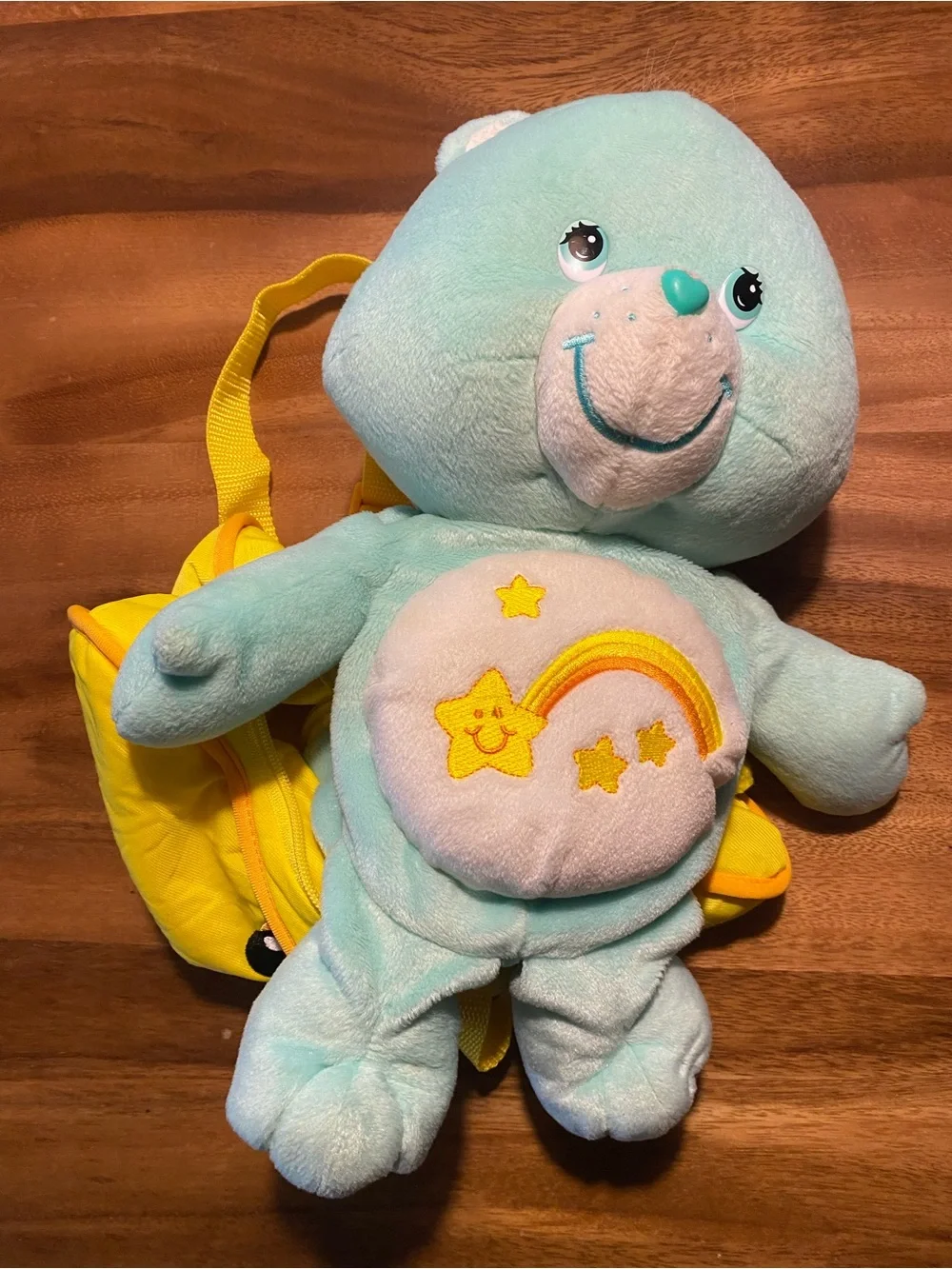 Care Bears Light Blue Plush Backpack Bear with Yellow Rainbow Belly